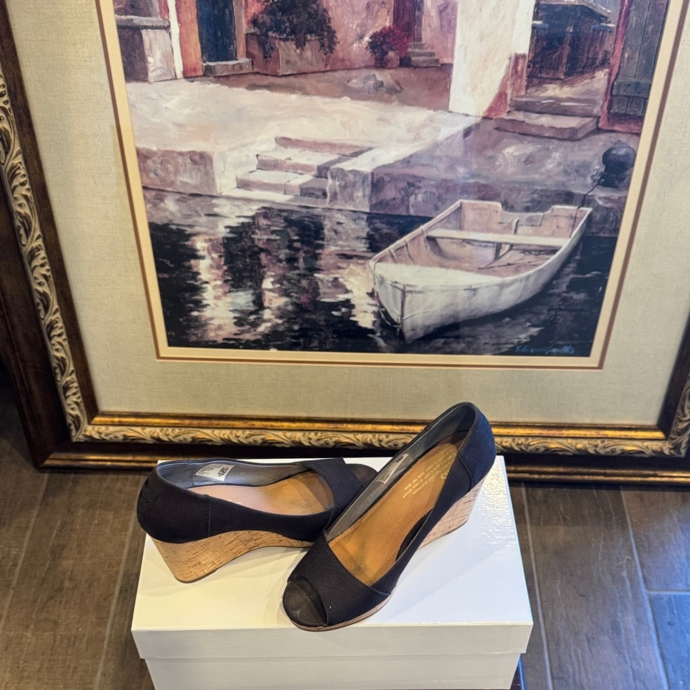Toms Black Wedge Peep-Toe Shoes